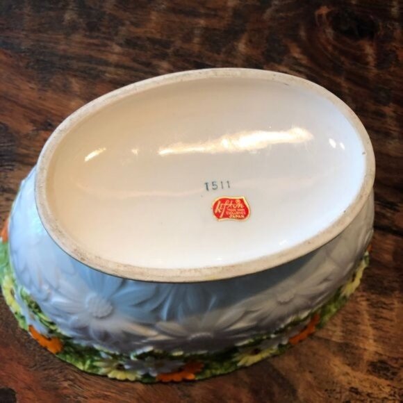 Vintage Lefton Oval Daisy Bowl Orange/Yellow/White - Picture 8 of 12